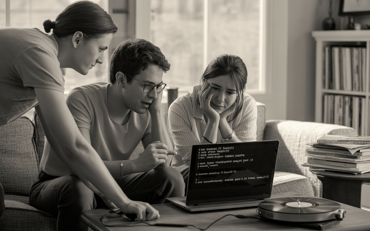 Trois personnes concentrées sur un ordinateur portable affichant du code, dans un salon avec des livres et un tourne-disque.