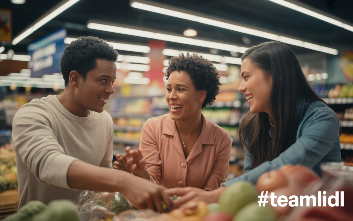 Trois personnes souriantes discutent et choisissent des fruits dans un supermarché, entourées de produits frais colorés.
