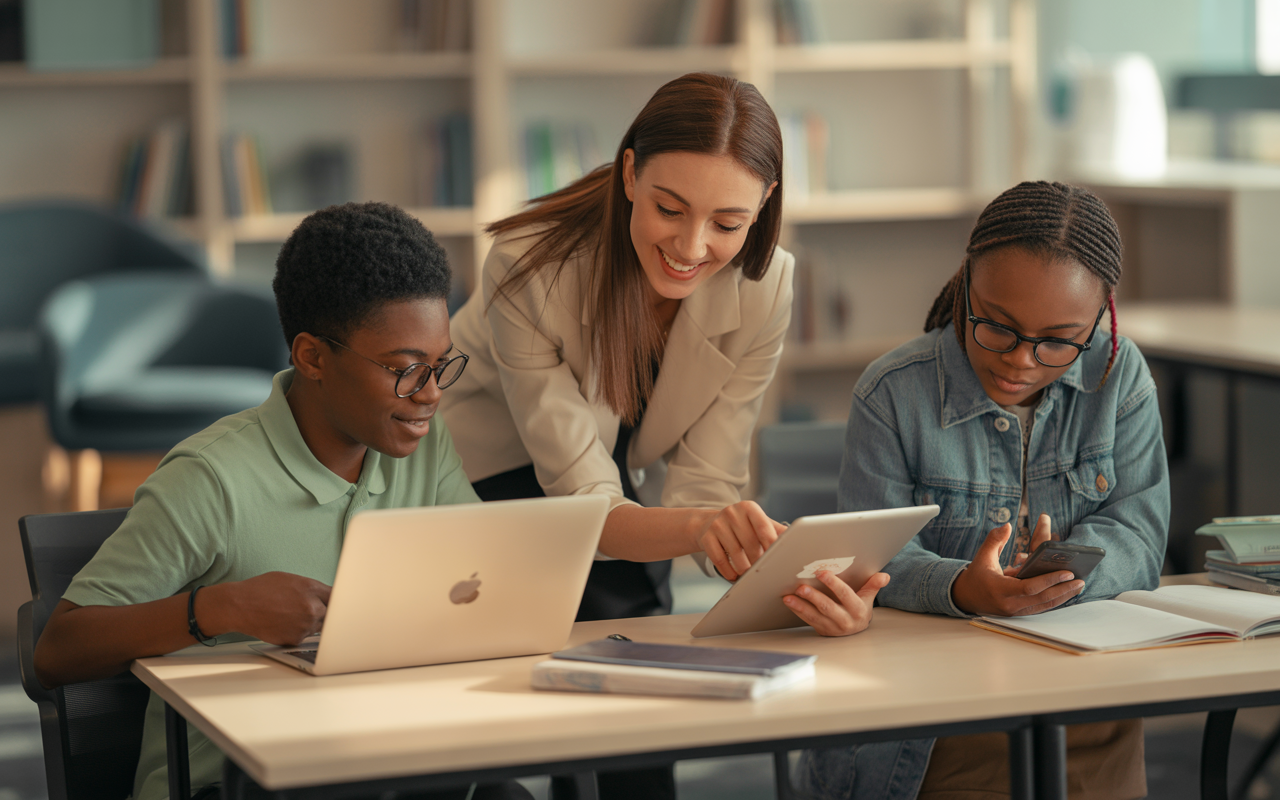 Trois étudiants, une enseignante, des ordinateurs portables et une tablette, collaborent dans un environnement d'apprentissage moderne.