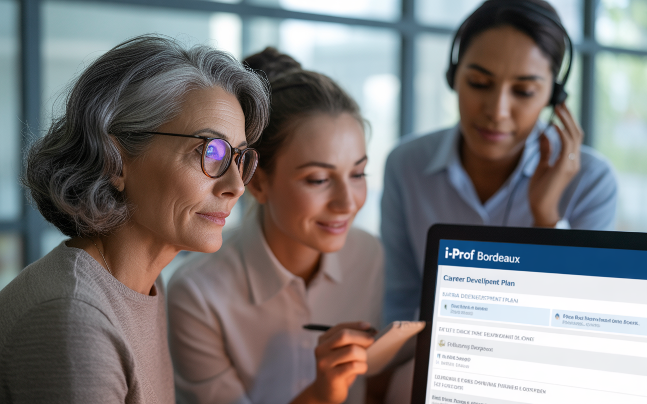 Trois femmes discutent devant un ordinateur, observant un plan de développement de carrière sur l'écran. Ambiance collaborative et professionnelle.