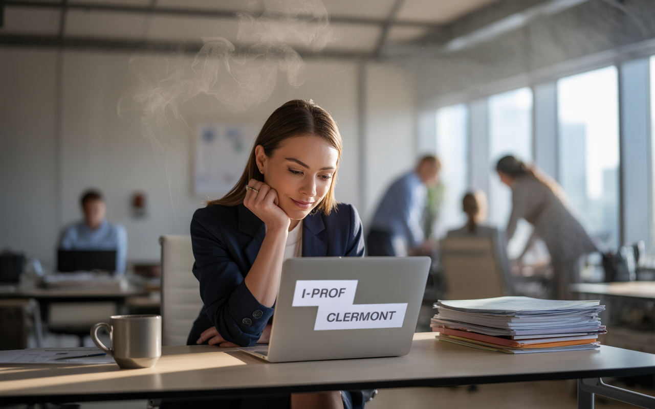 Une femme en costume regarde un ordinateur portable, entourée de collègues au bureau. Une tasse de café et des documents sont sur la table.