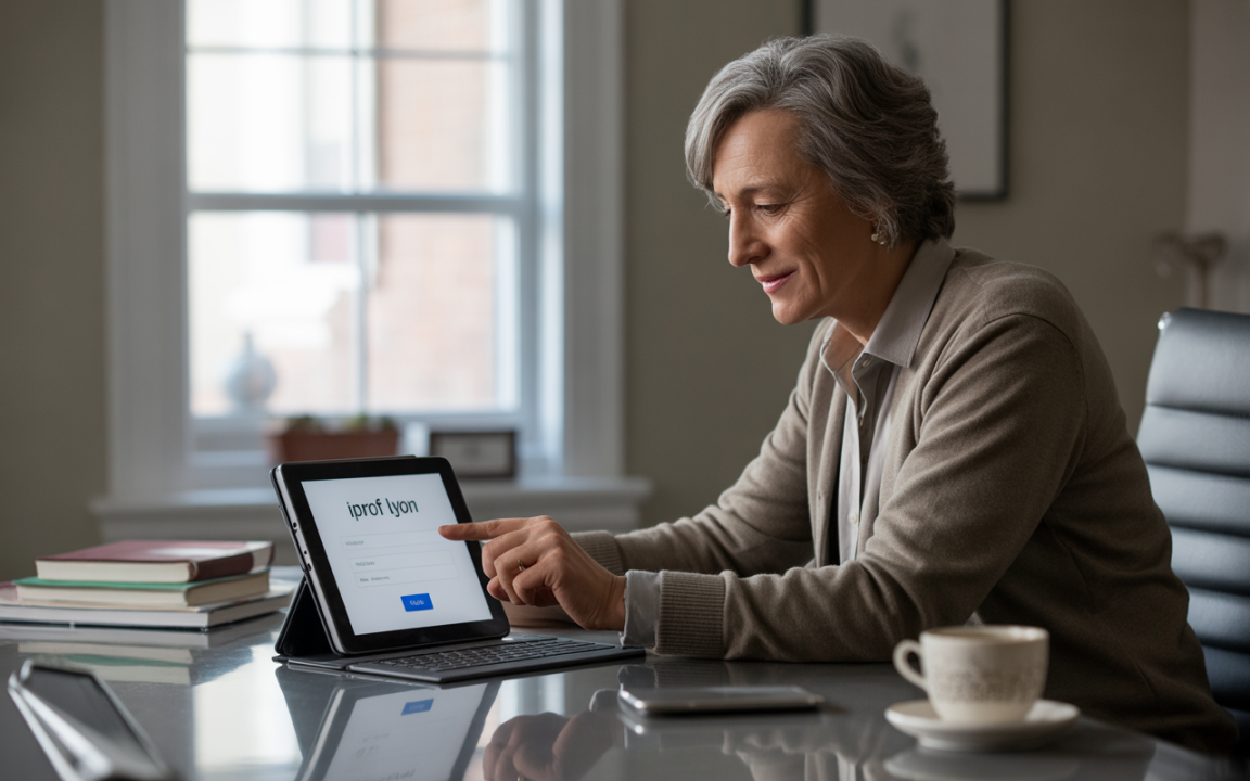Femme mature utilisant une tablette sur un bureau, se connectant à un site, avec des livres et une tasse de café à proximité.