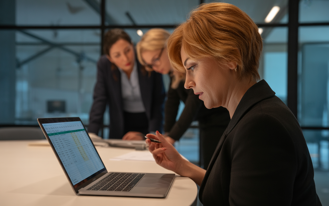Trois femmes en réunion analysent des données sur un ordinateur portable, avec un tableau Excel ouvert à l'écran.
