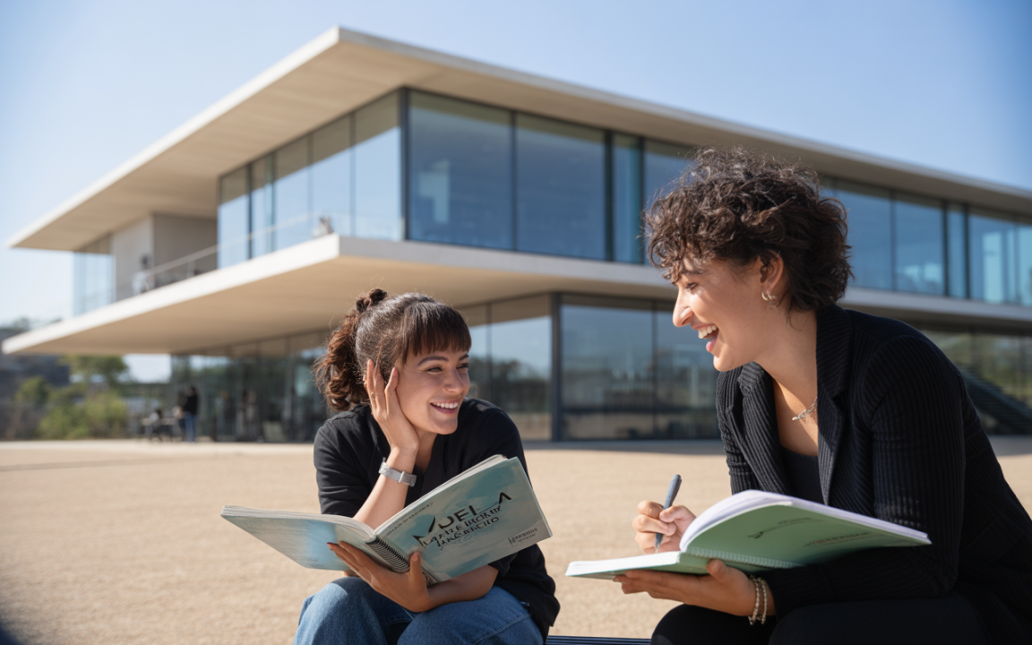 Deux femmes souriantes étudient ensemble à l'extérieur d'un bâtiment moderne en verre, feuilletant des livres et prenant des notes.