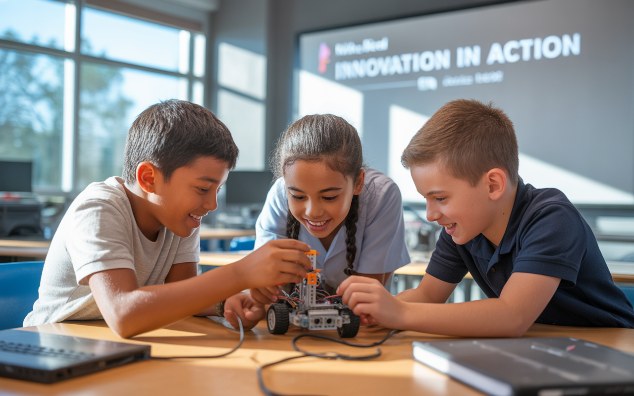Trois enfants collaborent joyeusement pour construire un robot dans une salle de classe lumineuse, avec des ordinateurs en arrière-plan.