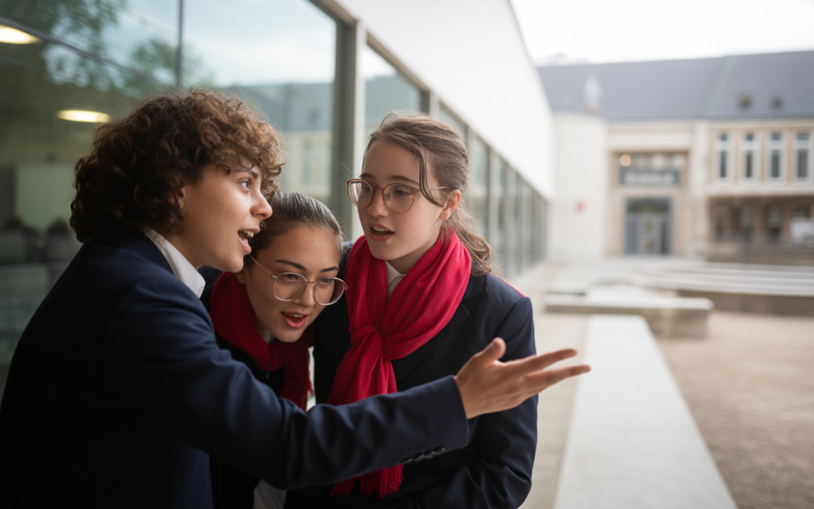 Trois jeunes femmes en costume discutent avec enthousiasme à l'extérieur d'un bâtiment moderne, portant des écharpes rouges.