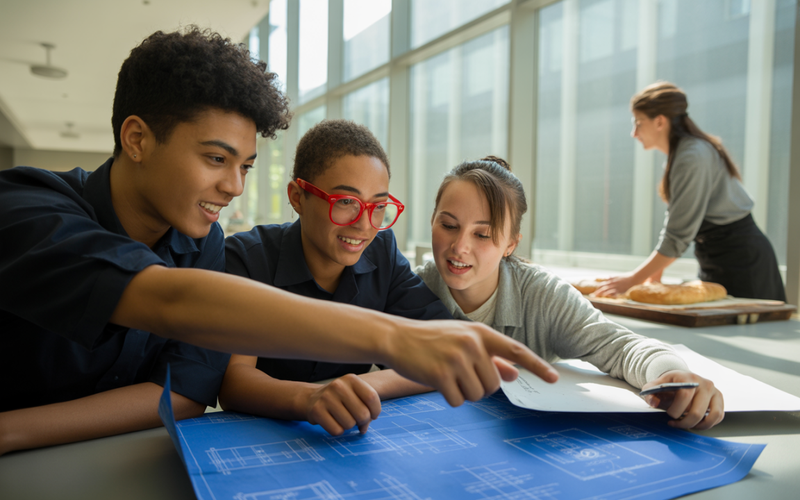 Trois jeunes examinent des plans architecturaux sur une table, tandis qu'une personne prépare des pâtisseries à l'arrière-plan.