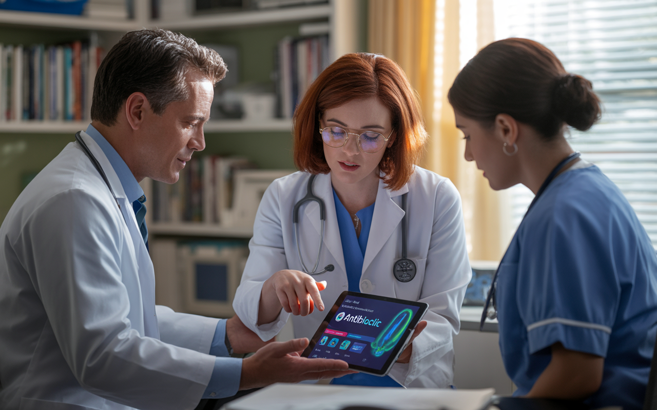 Trois professionnels de la santé discutent autour d'une tablette, analysant des informations médicales dans un environnement lumineux et moderne.