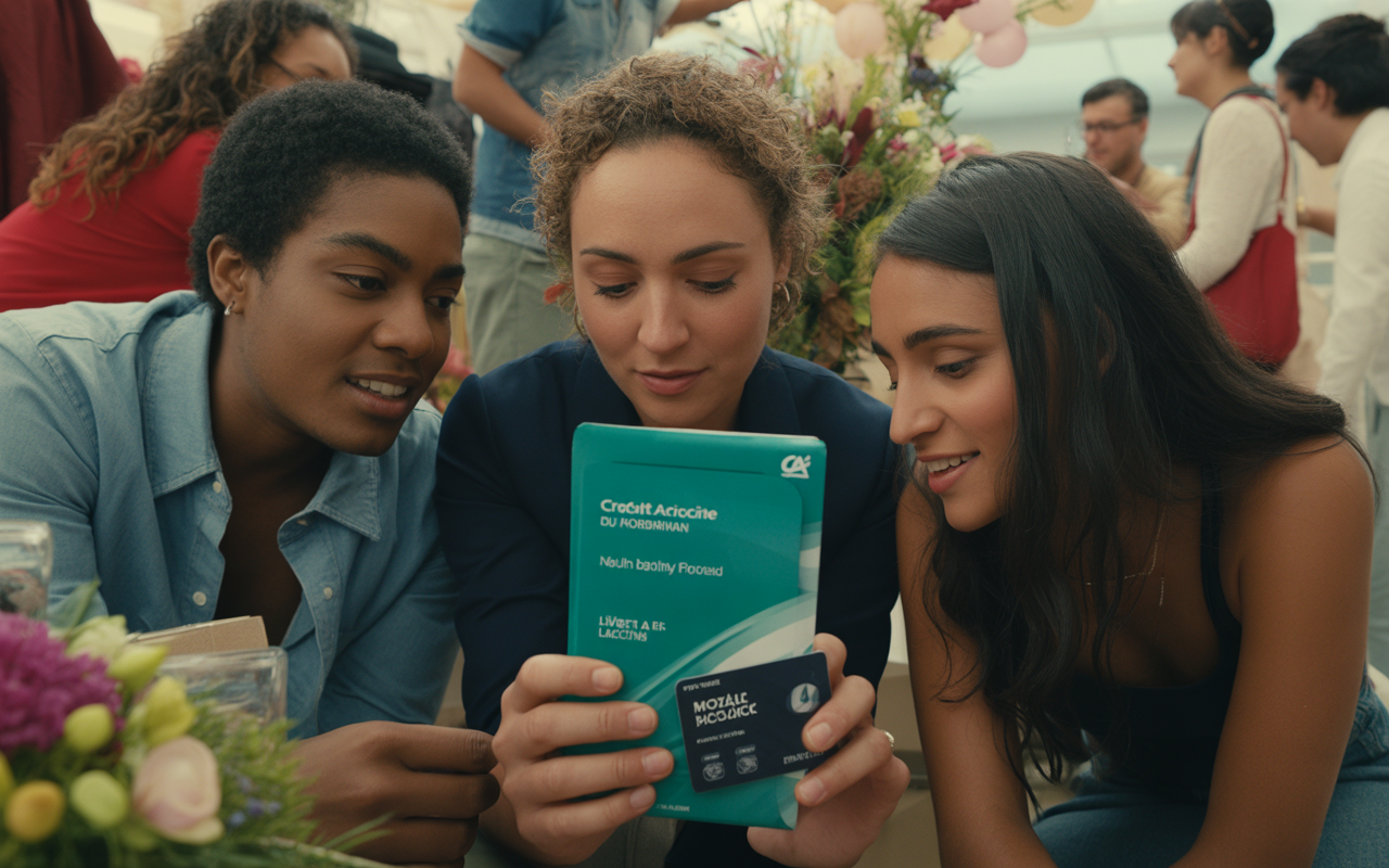 Trois femmes regardent un document en souriant, entourées de décorations florales, lors d'un événement convivial.