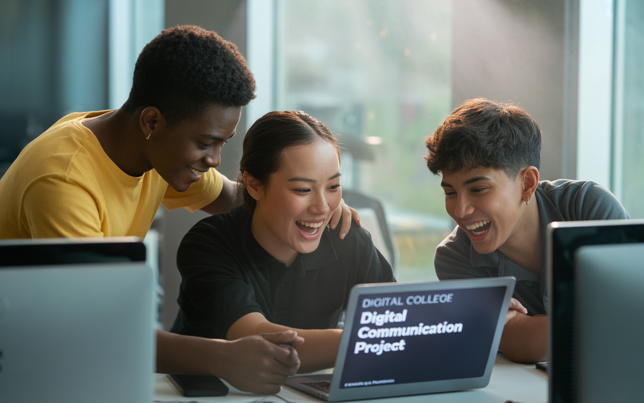 Trois étudiants souriants collaborent sur un projet de communication digitale, autour d'un ordinateur portable dans un environnement lumineux.