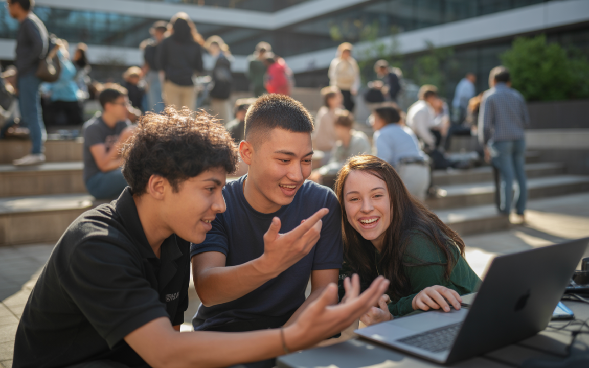 Trois étudiants discutent joyeusement autour d'un ordinateur portable, dans un environnement extérieur animé avec d'autres personnes en arrière-plan.