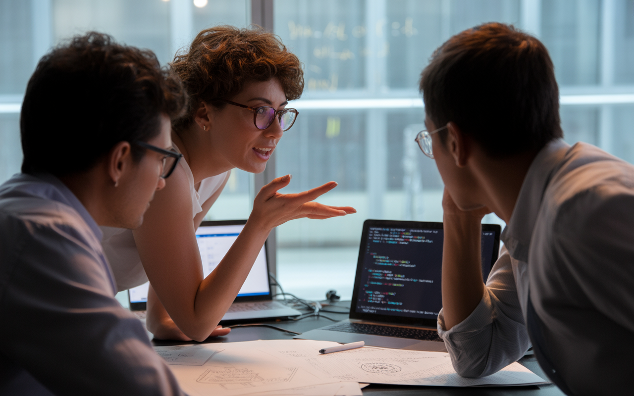 Trois personnes discutent autour d'une table, avec des ordinateurs portables et des documents, en plein brainstorming technique.