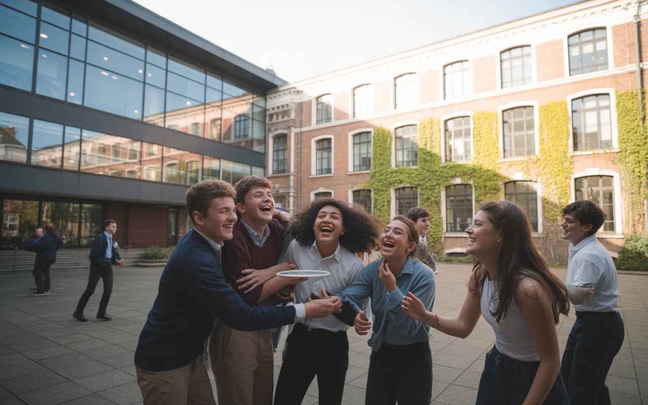 Groupe d'adolescents riant et jouant dans une cour, entourés de bâtiments en briques et de verdure, sous un ciel clair.