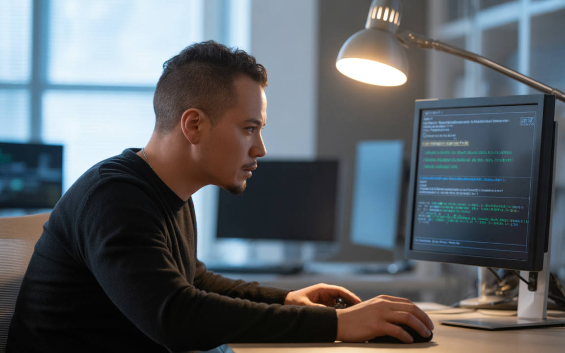 Un homme concentré travaille sur un ordinateur, écrivant du code dans un environnement de bureau moderne et éclairé.