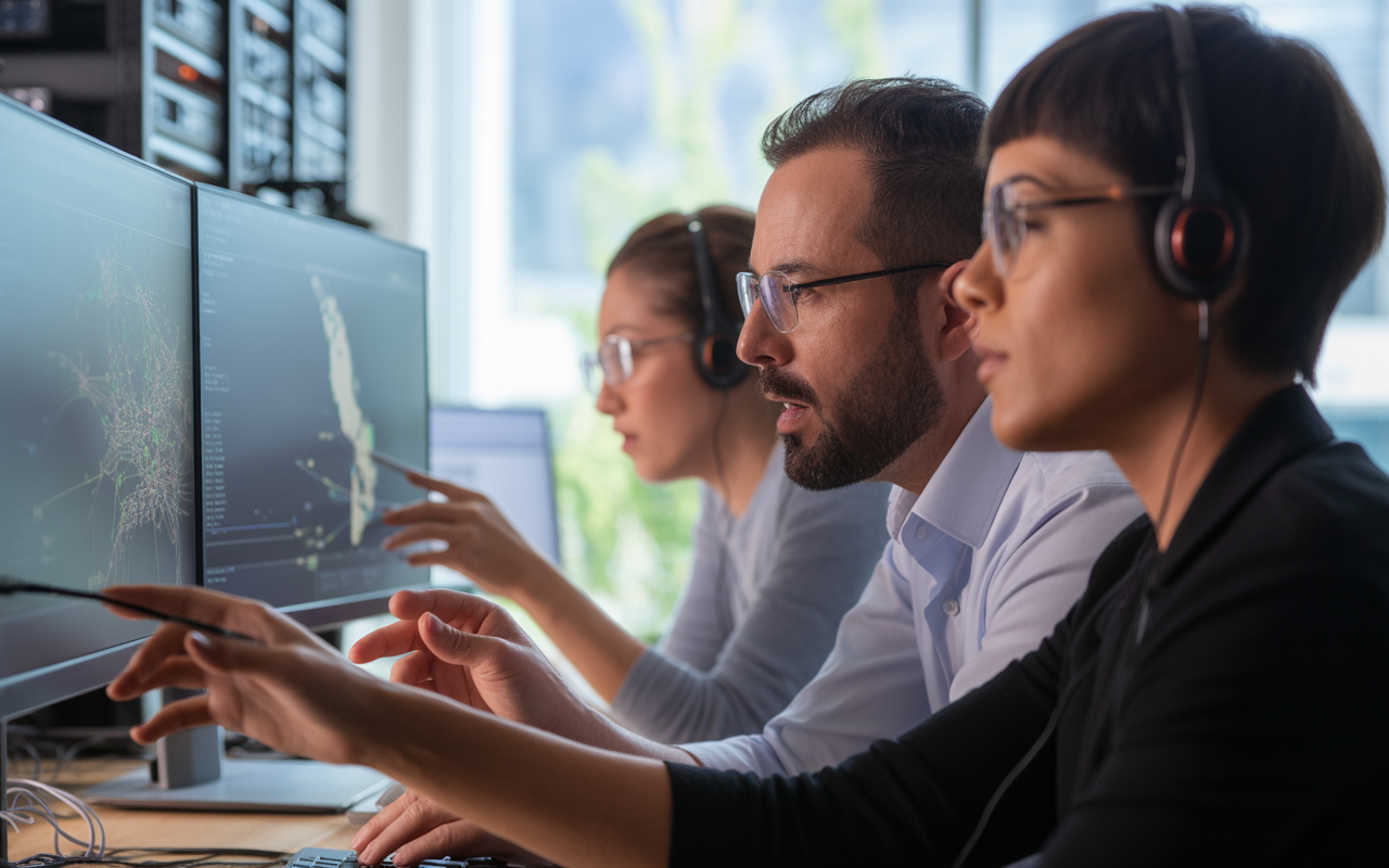 Trois professionnels avec des écouteurs analysent des données sur des écrans d'ordinateur dans un environnement de travail moderne.