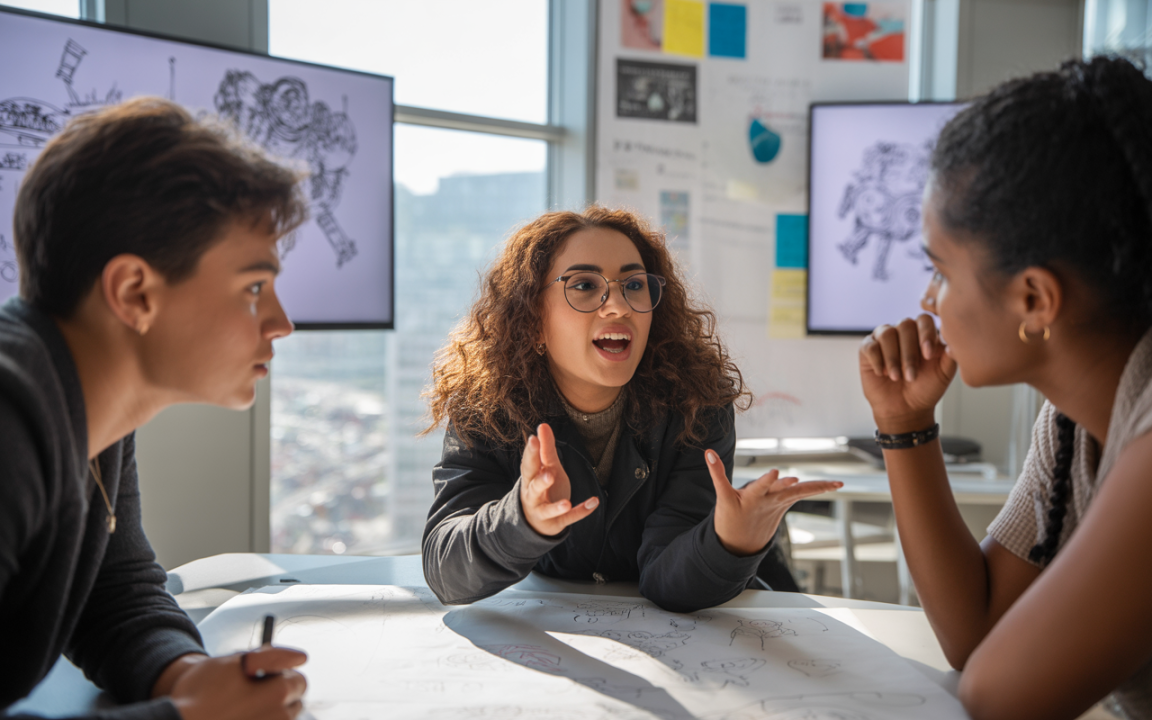 Trois jeunes adultes discutent autour d'une table, partageant des idées, avec des présentations en arrière-plan et des croquis visibles.