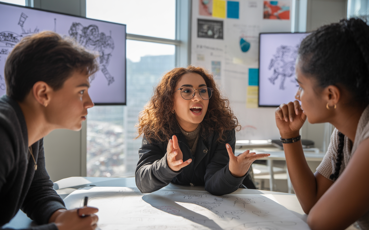 Trois jeunes adultes discutent autour d'une table, partageant des idées, avec des présentations en arrière-plan et des croquis visibles.