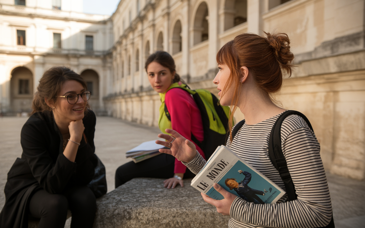 Trois jeunes femmes discutent dans une cour ensoleillée, l'une tient un magazine, les autres écoutent attentivement.