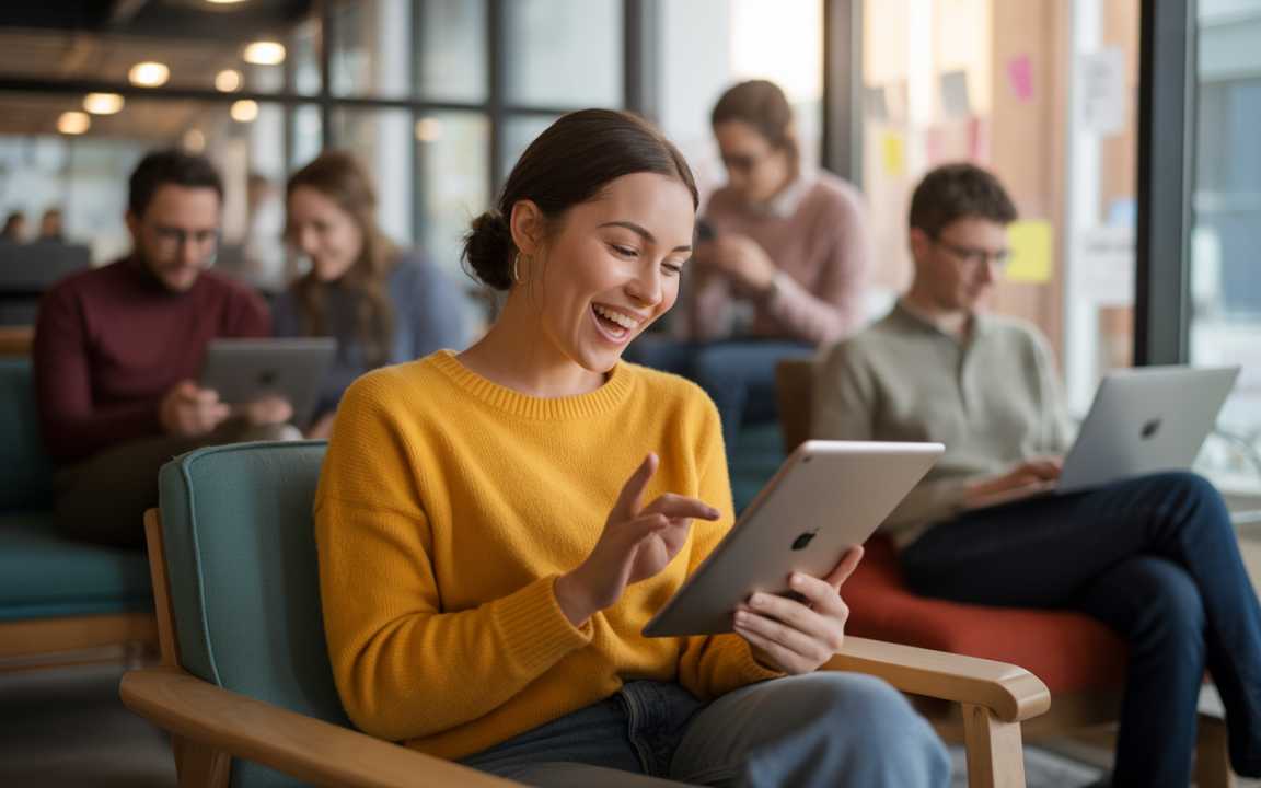 Femme souriante en pull jaune utilisant une tablette, entourée de personnes travaillant sur des ordinateurs dans un espace de coworking.