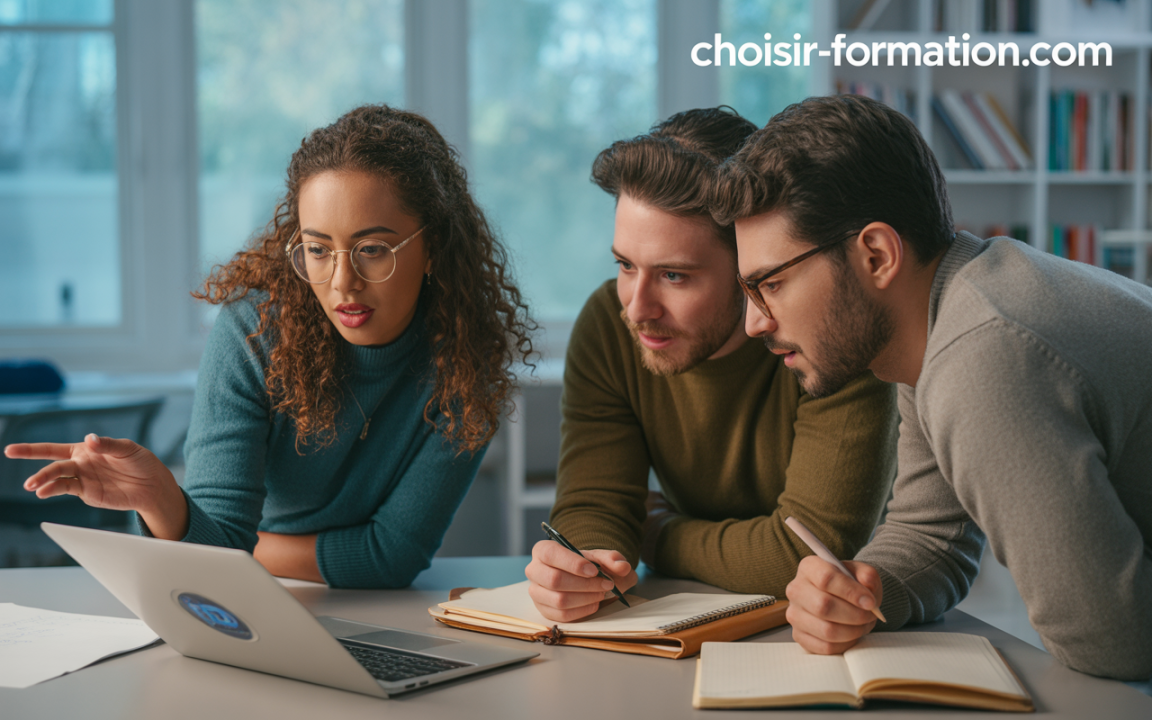 Trois personnes concentrées, étudiant sur un ordinateur portable, avec des carnets et stylos devant elles dans un environnement lumineux.