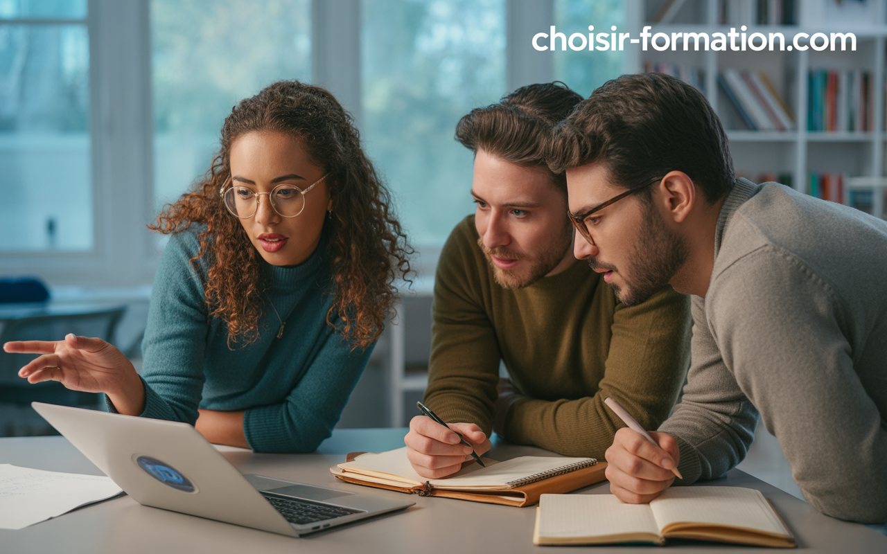 Trois personnes concentrées, étudiant sur un ordinateur portable, avec des carnets et stylos devant elles dans un environnement lumineux.