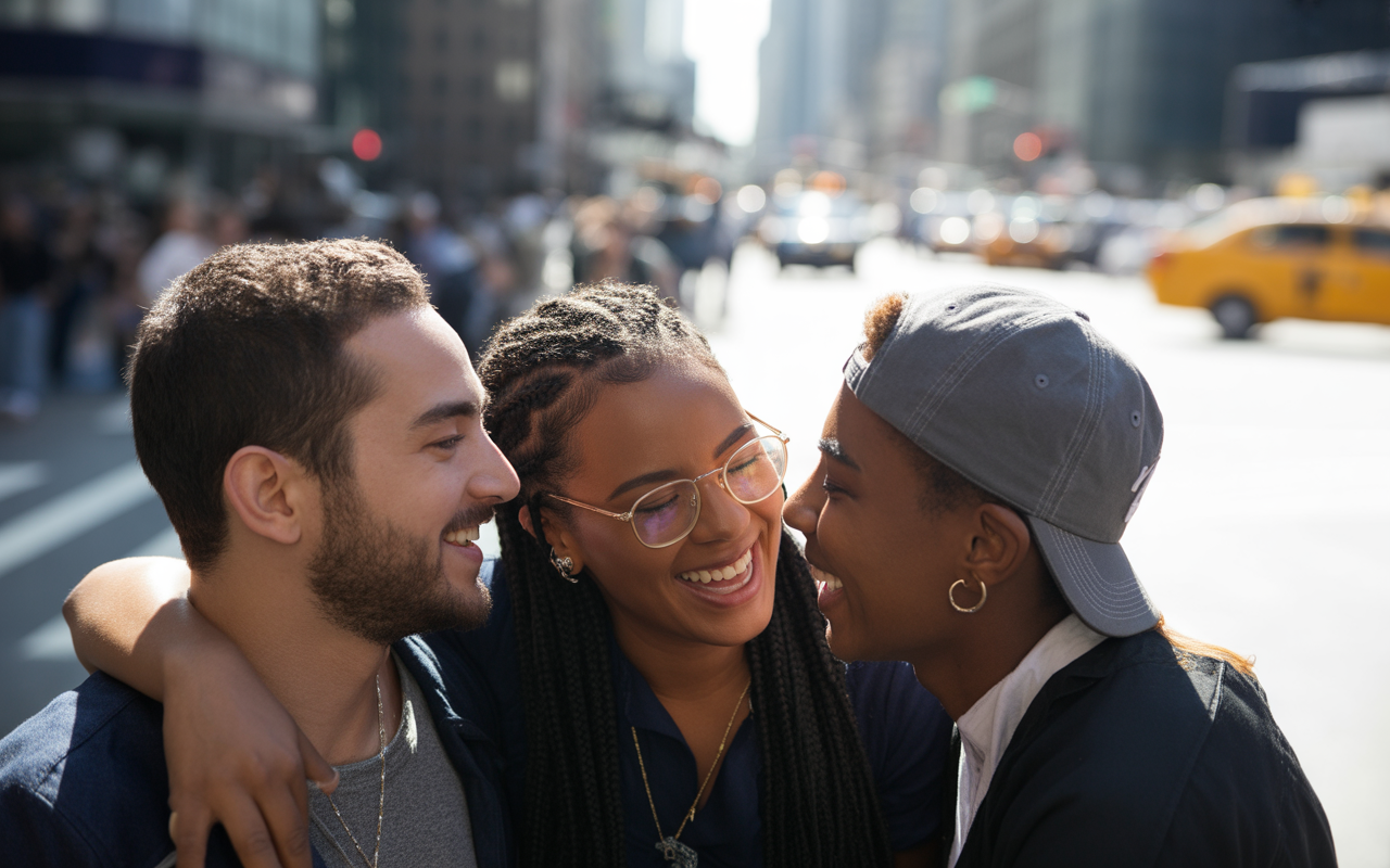 Trois jeunes adultes, souriants, se rapprochent dans une rue urbaine animée, entourés de lumière naturelle et de voitures.