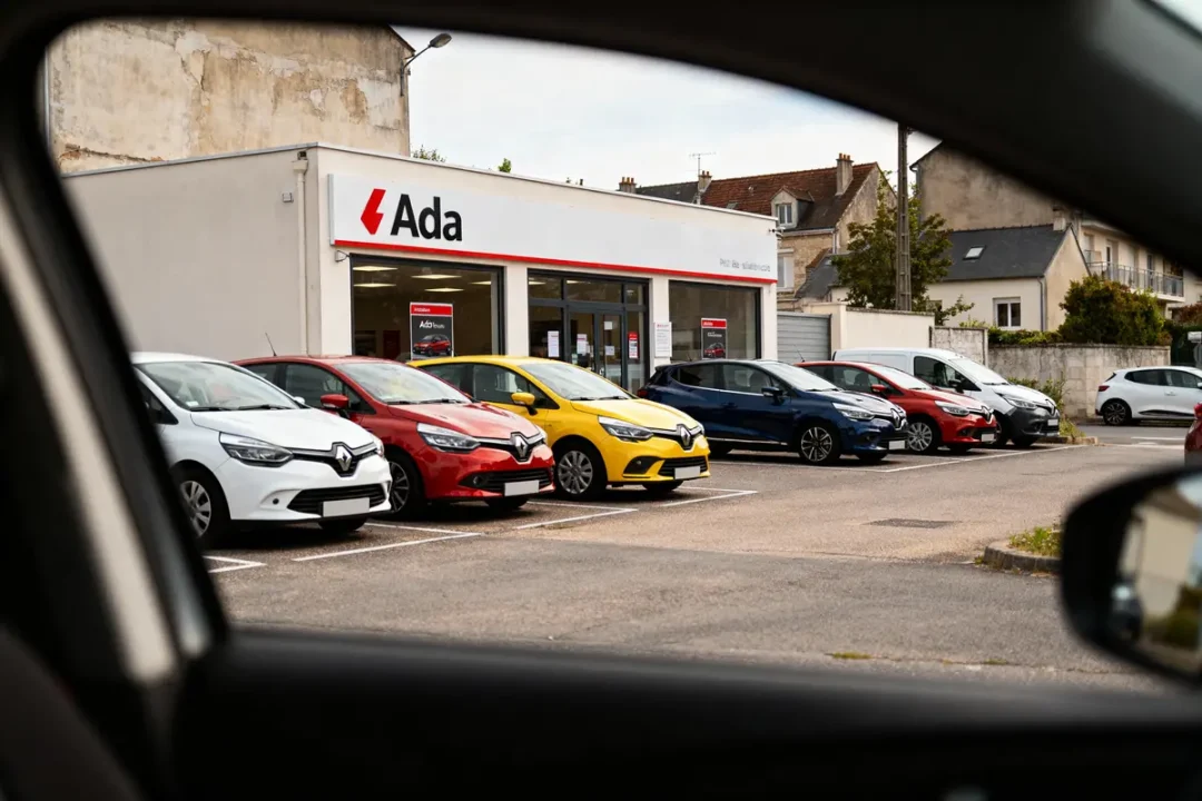 Devanture d'agence Ada avec plusieurs voitures colorées alignées sur le parking. Vue depuis l'intérieur d'une voiture.