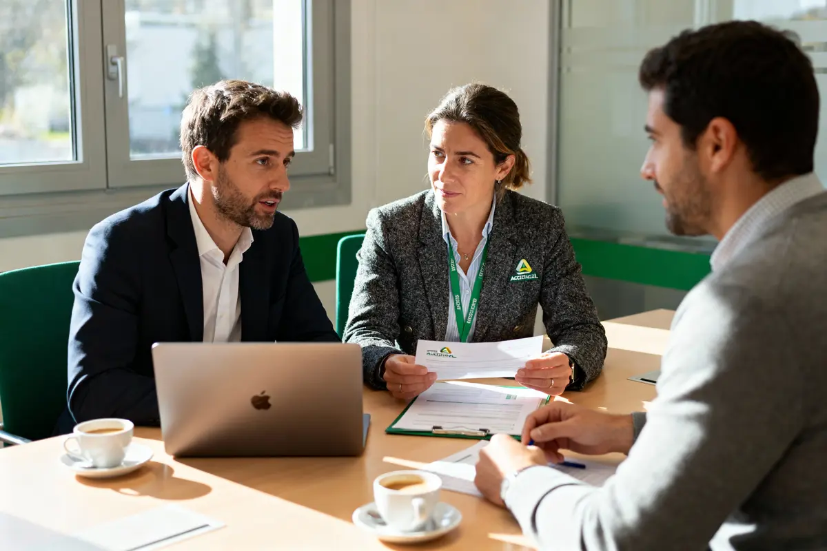 Trois personnes discutent autour d'une table avec un ordinateur portable et des documents, dans un bureau.
