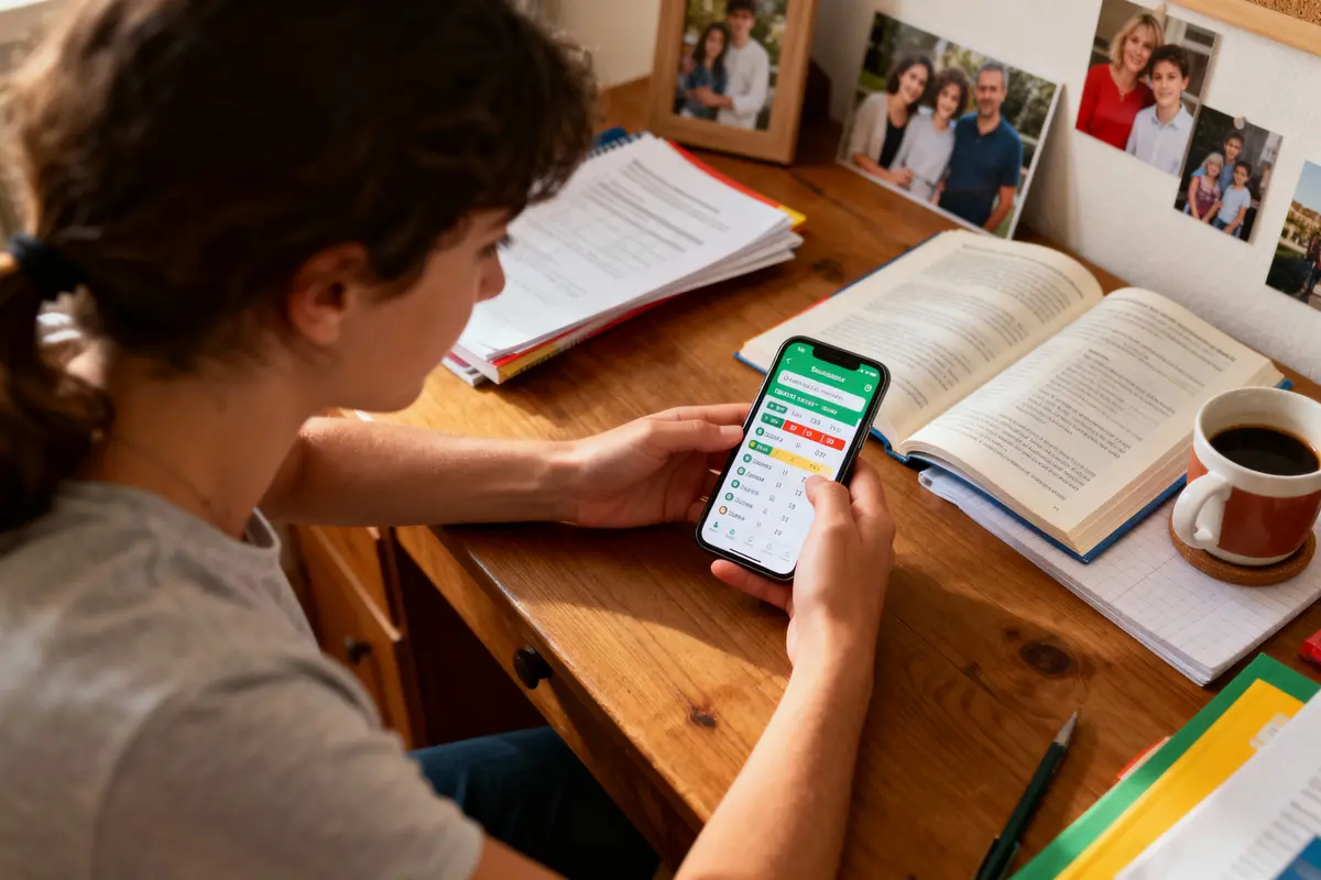 Une personne regarde un smartphone, bureau avec livres, cahiers, photos de famille, tasse de café.