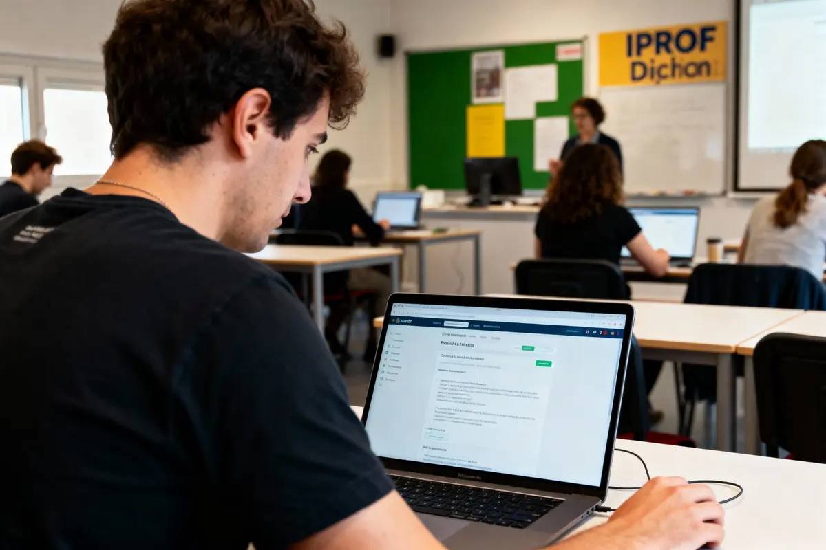 Un étudiant travaille sur un ordinateur portable en classe, professeur et élèves en arrière-plan.