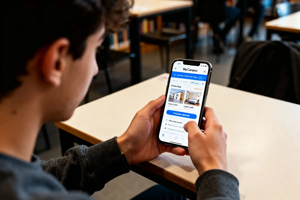 Un homme utilise une application "MyCampus" sur son smartphone dans une salle de classe.