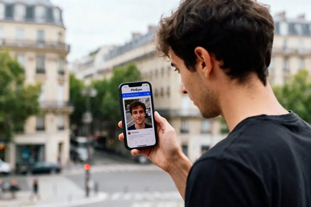Un homme tient un smartphone affichant une photo devant des bâtiments urbains flous.