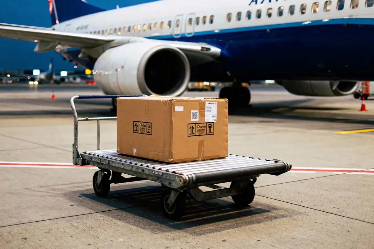 Carton sur chariot à côté d'un avion stationné sur le tarmac d'un aéroport.