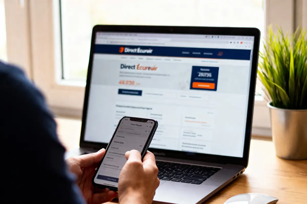 Personne utilisant un smartphone devant un ordinateur portable avec site web de finance affiché, plante verte à côté.
