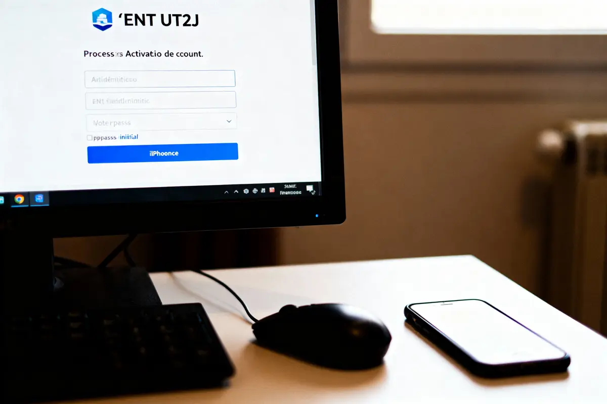 Écran d'ordinateur affichant page de connexion, clavier, souris, smartphone sur bureau blanc.