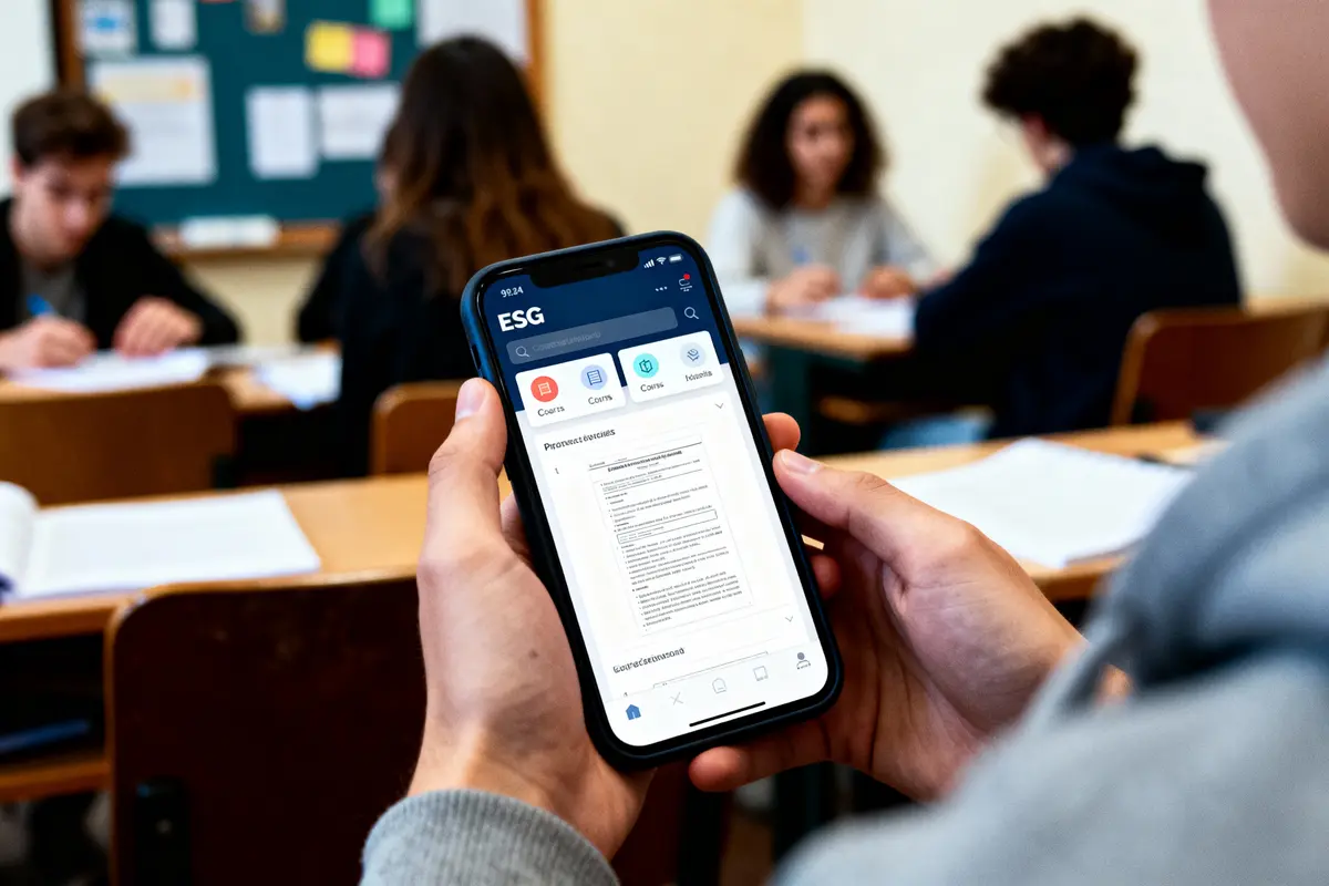 Personne utilisant un smartphone pour accéder à une application éducative dans une salle de classe.