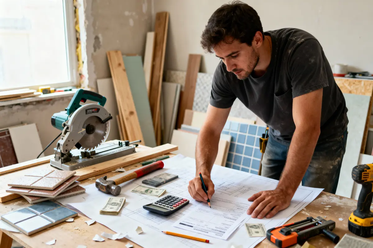 Homme concentré sur plan de construction, entouré d'outils, calculatrice et billets, dans atelier lumineux.