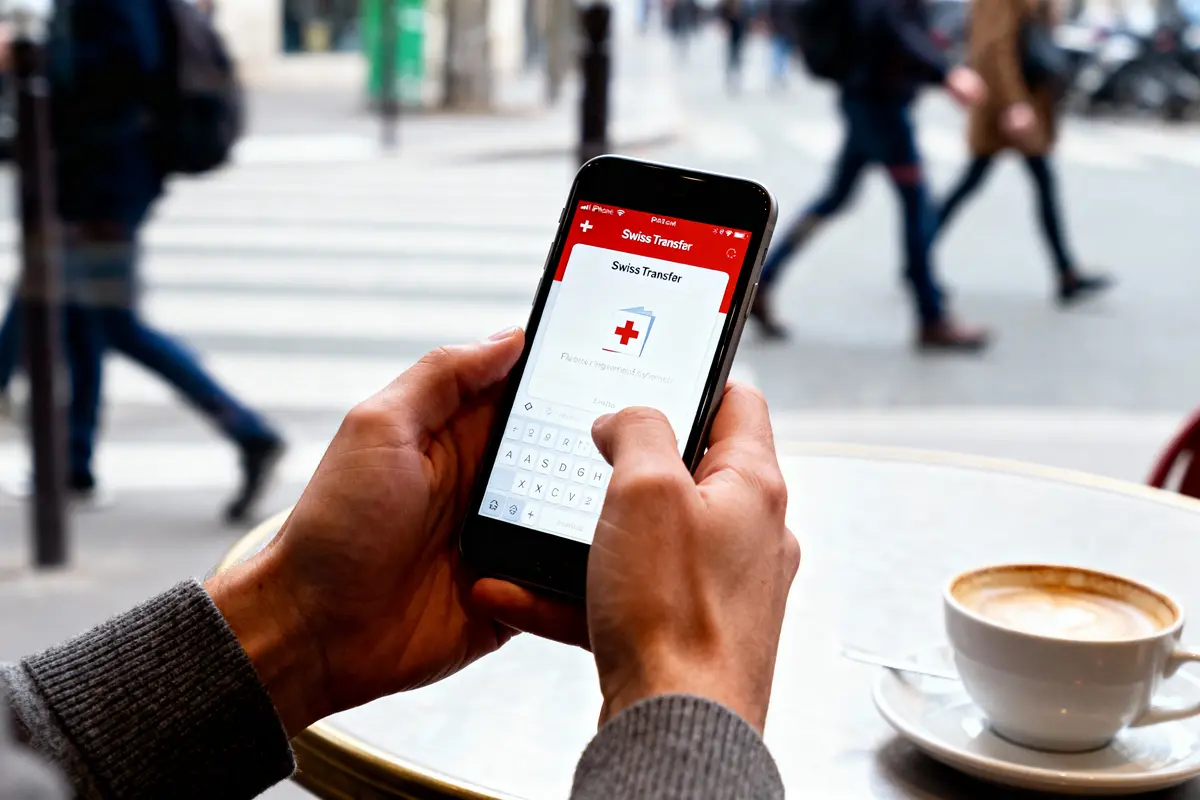 Personne utilisant l'application Swiss Transfer sur smartphone, avec café à table et rue en arrière-plan flou.