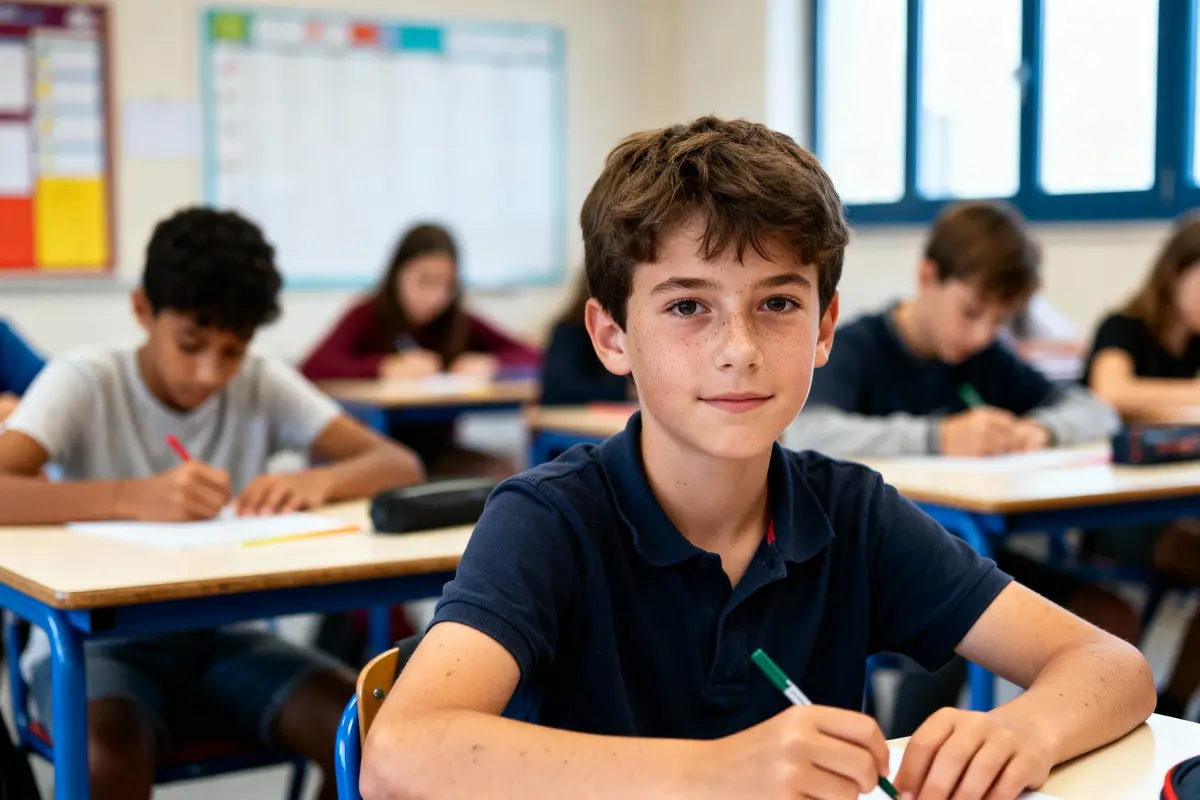 Un garçon souriant en classe, entouré d'autres élèves concentrés, écrivant à leurs bureaux.