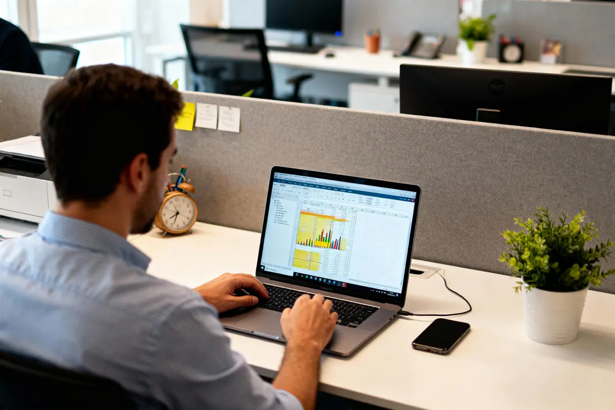 Homme travaillant sur ordinateur portable avec graphique, bureau moderne, horloge, plante verte, téléphone portable, notes autocollantes.