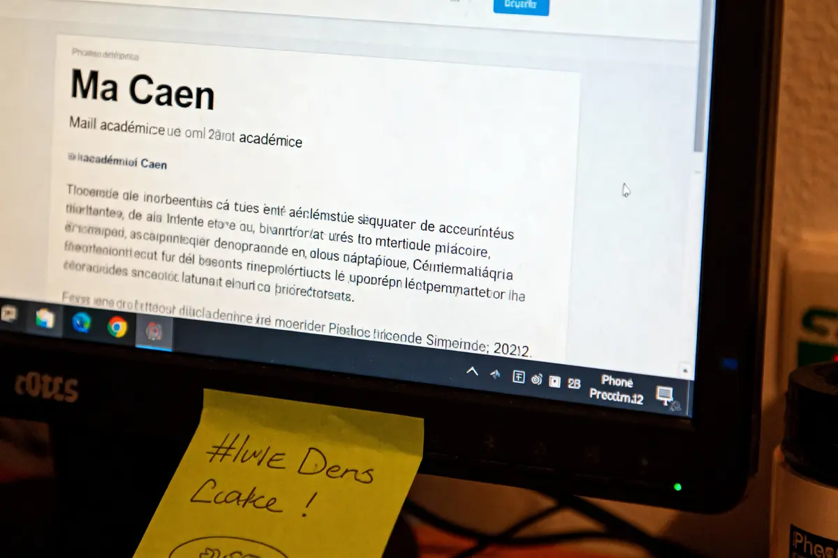 Écran d'ordinateur affichant texte académique, post-it jaune avec message humoristique en premier plan.