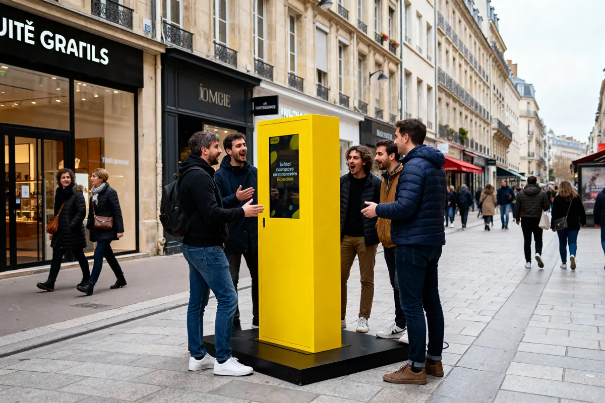 Cinq hommes interagissent avec une borne jaune dans une rue commerçante animée.