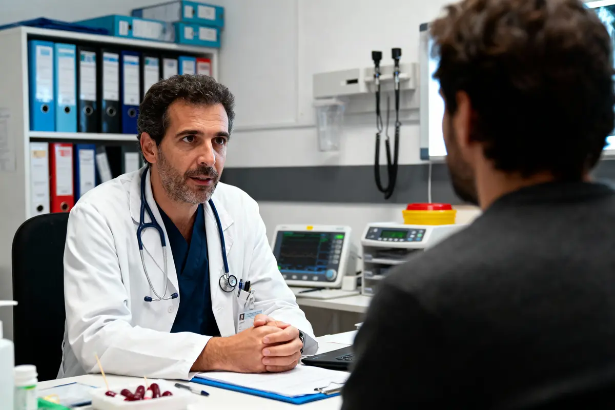 Médecin en blouse blanche discutant avec un patient dans un bureau médical équipé de matériel de diagnostic.
