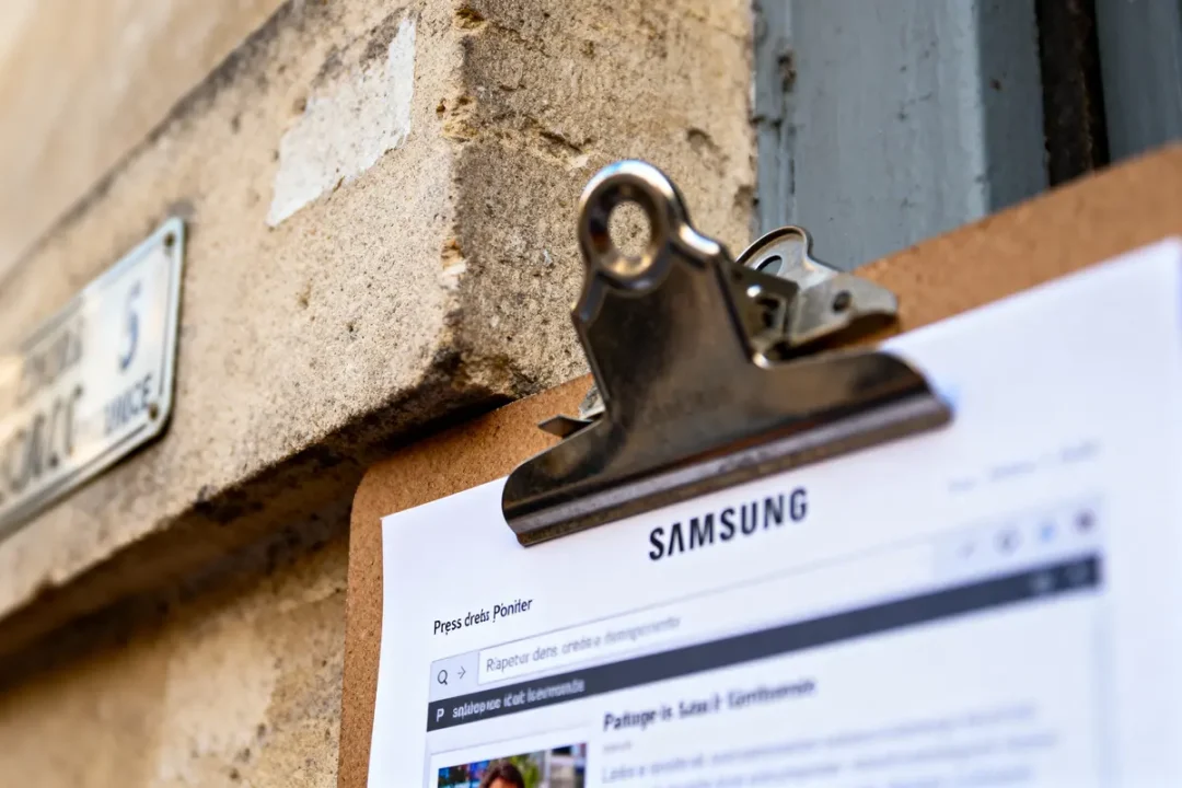 Pince métallique tenant document Samsung, fixé à un mur en pierre près plaque de rue ancienne.