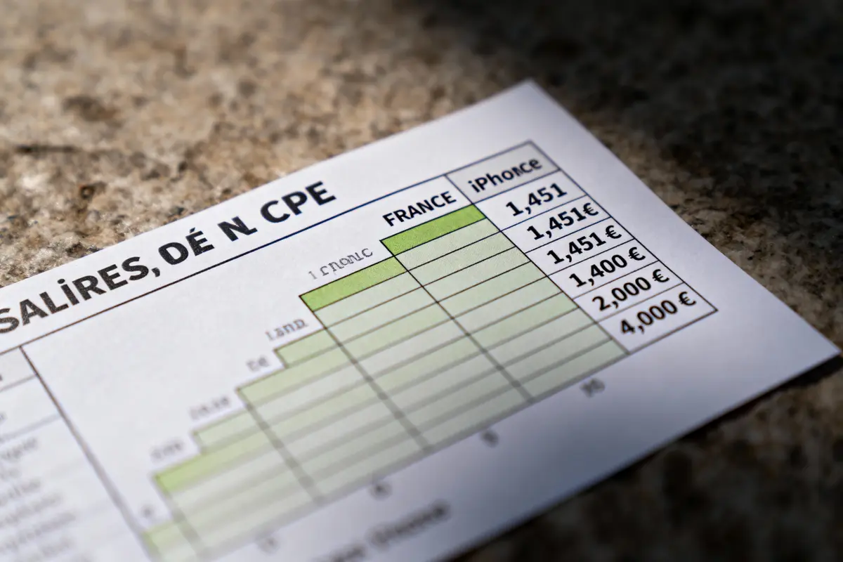 Graphique comparant les salaires en France avec le coût d'un iPhone, sur fond de pierre.