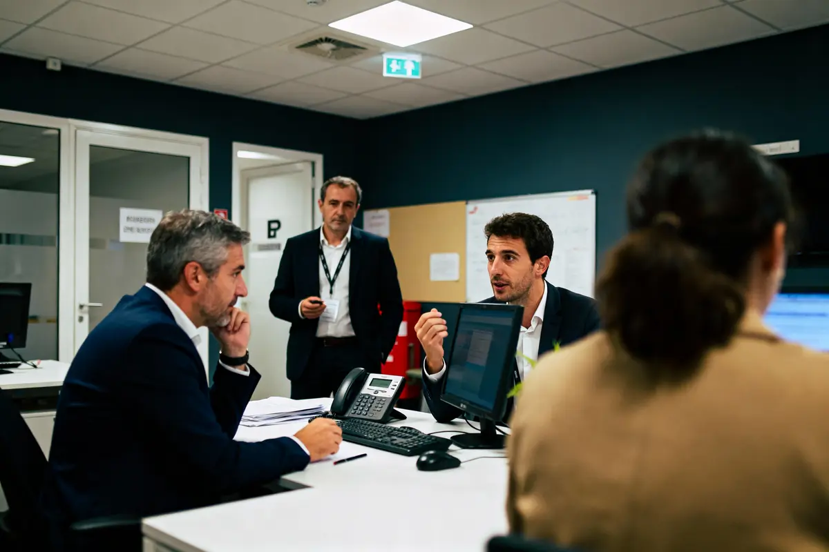 Quatre personnes en réunion dans un bureau, discutant autour d'un ordinateur, environnement professionnel et formel.