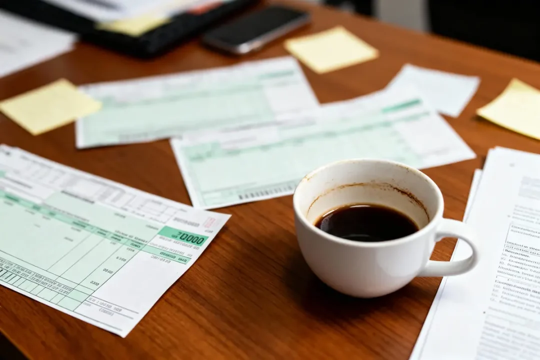Tasse de café sur bureau en bois avec documents, notes adhésives, et smartphone.