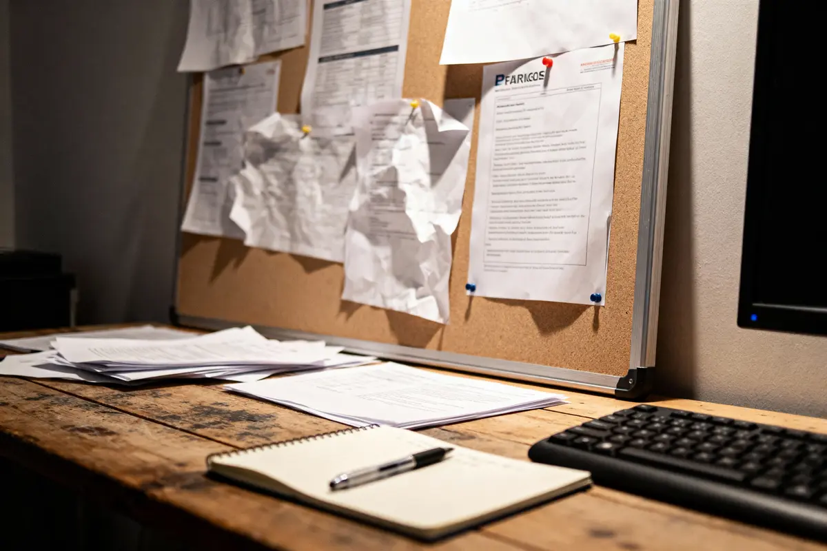 Bureau avec tableau d'affichage, documents, clavier, cahier, et stylo sur une table en bois.
