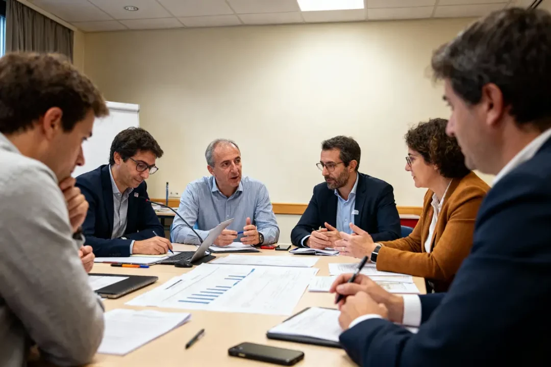 Sept personnes en réunion autour d'une table, discutant de documents et graphiques, ambiance professionnelle.