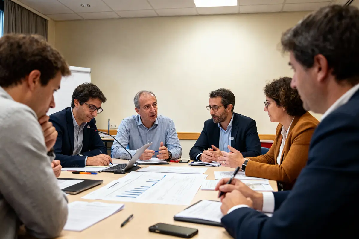 Sept personnes en réunion autour d'une table, discutant de documents et graphiques, ambiance professionnelle.